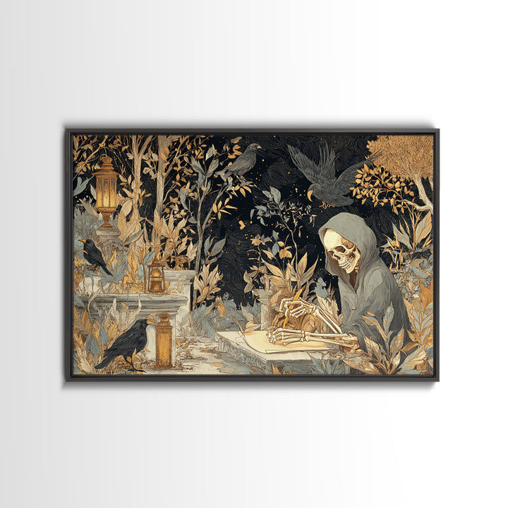 The Skeleton Cartographer - Procession Scene, Halloween Wall Art, Landscape Wall Art, Framed Canvas Print, Halloween Home Decor