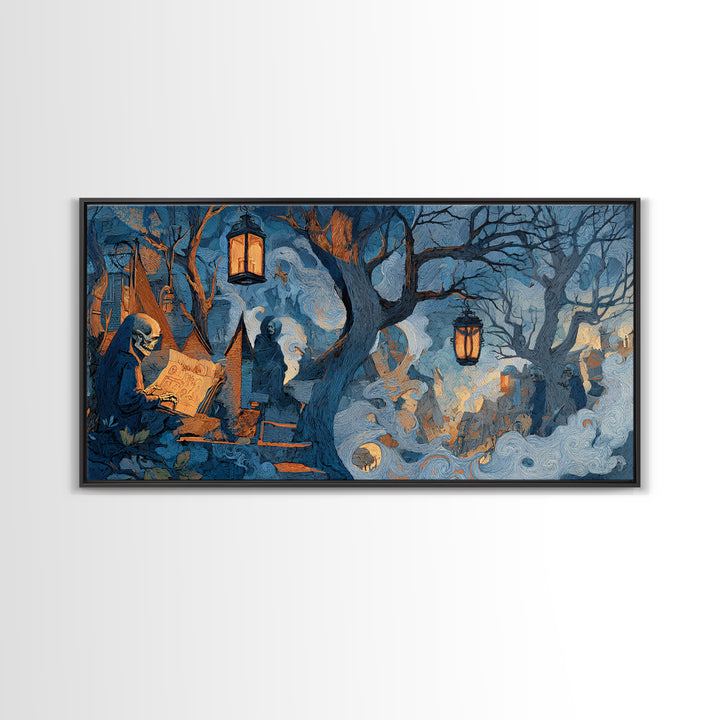 The Skeleton Cartographer - Procession Scene, Macabre Halloween Art, Wide Panoramic Art, Framed Canvas Print, Halloween Home Decor