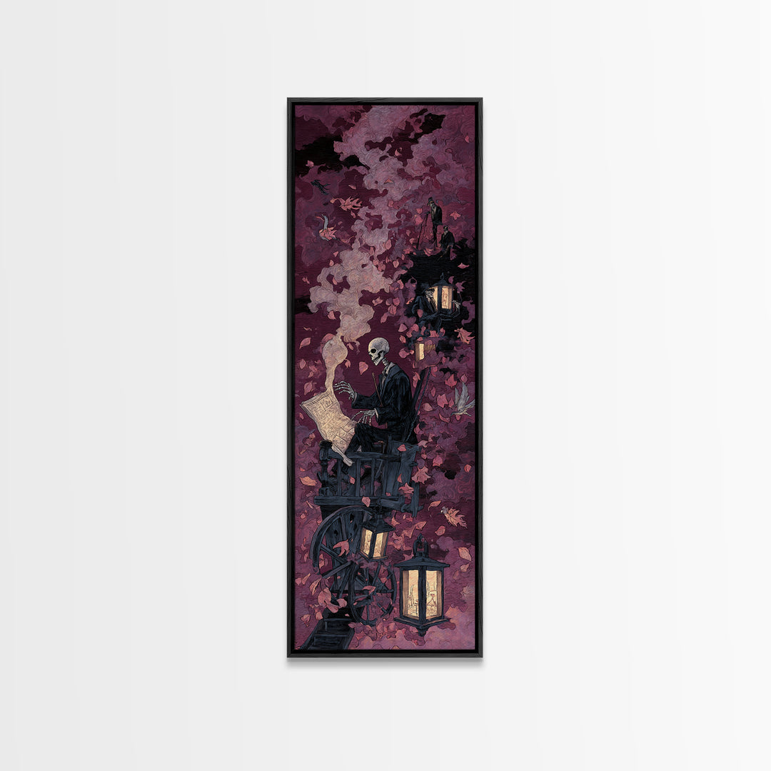 The Skeleton Cartographer - Procession Scene, Macabre Halloween Art, Tall Narrow Wall Art, Framed Canvas Print, Halloween Home Decor