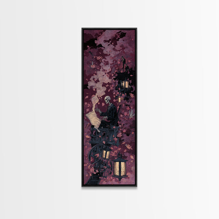 The Skeleton Cartographer - Procession Scene, Macabre Halloween Art, Tall Narrow Wall Art, Framed Canvas Print, Halloween Home Decor