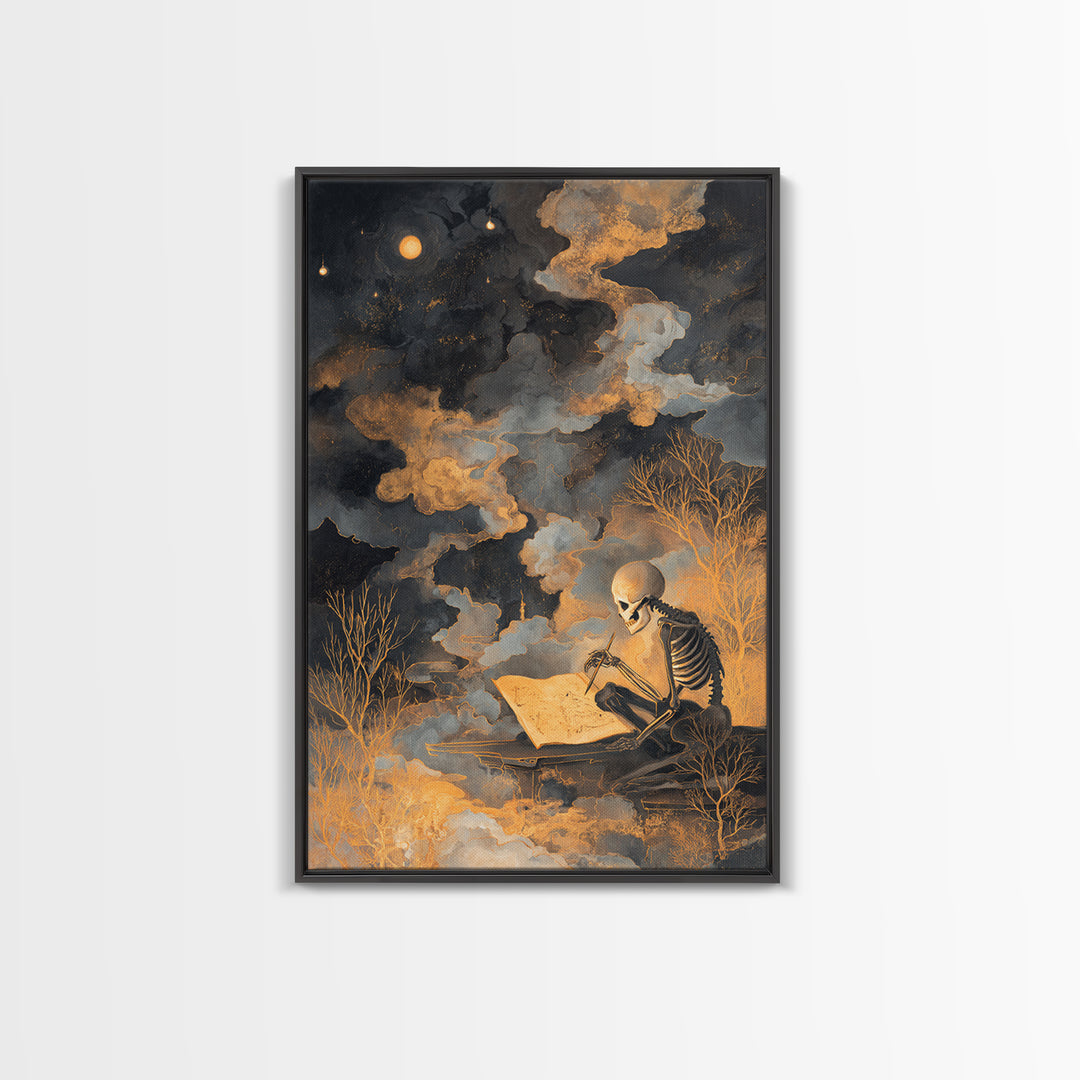 The Skeleton Cartographer - Surreal Celestial Vision, Gothic Home Decor, Vertical Wall Art, Canvas Print, Halloween Home Decor