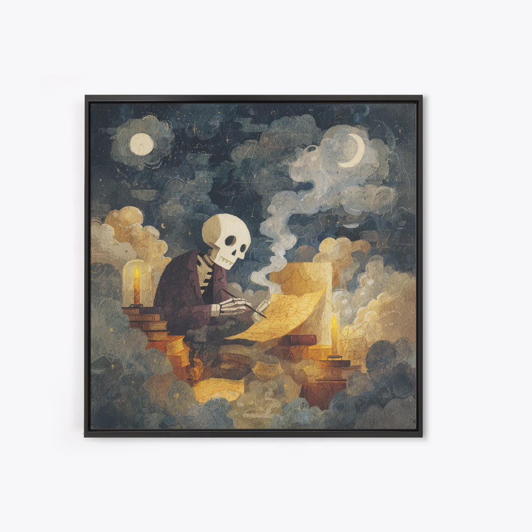 The Skeleton Cartographer - Surreal Celestial Vision, Macabre Halloween Art, Square Wall Art, Framed Canvas Print, Halloween Home Decor