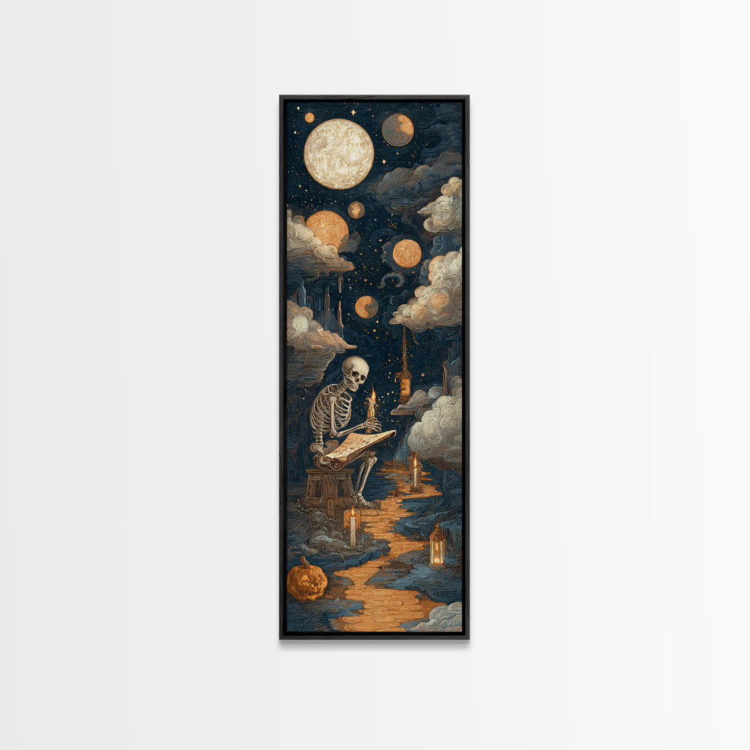 The Skeleton Cartographer - Surreal Celestial Vision, Halloween Wall Art, Tall Narrow Wall Art, Framed Canvas Print, Halloween Home Decor