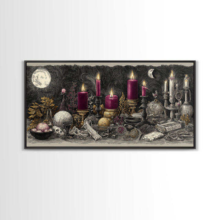 The Witch Astronomical Cabinet - Occult Still Life, Macabre Halloween Art, Wide Panoramic Art, Framed Canvas Print, Halloween Home Decor