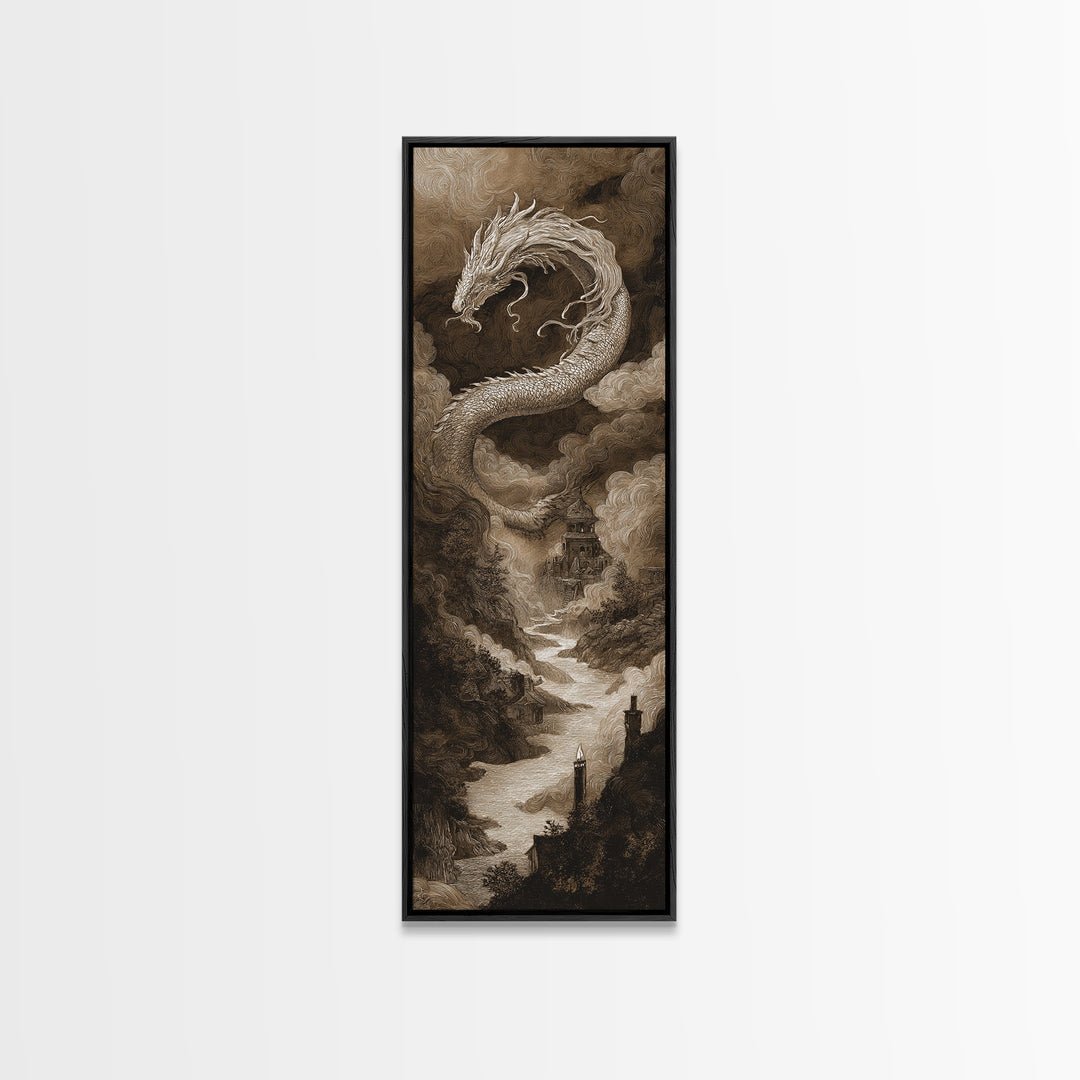 The Candle Smoke Dragon - Environmental Panorama, Macabre Halloween Art, Tall Narrow Wall Art, Framed Canvas Print, Halloween Home Decor