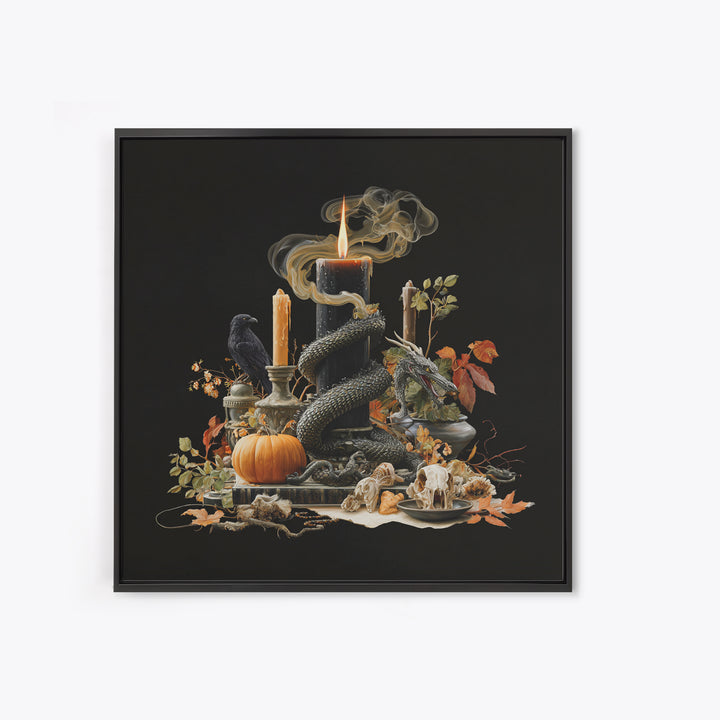 The Candle Smoke Dragon - Occult Still Life, Spooky Wall Decor, Square Wall Art, Framed Canvas Print, Halloween Home Decor, Gothic Wall Art