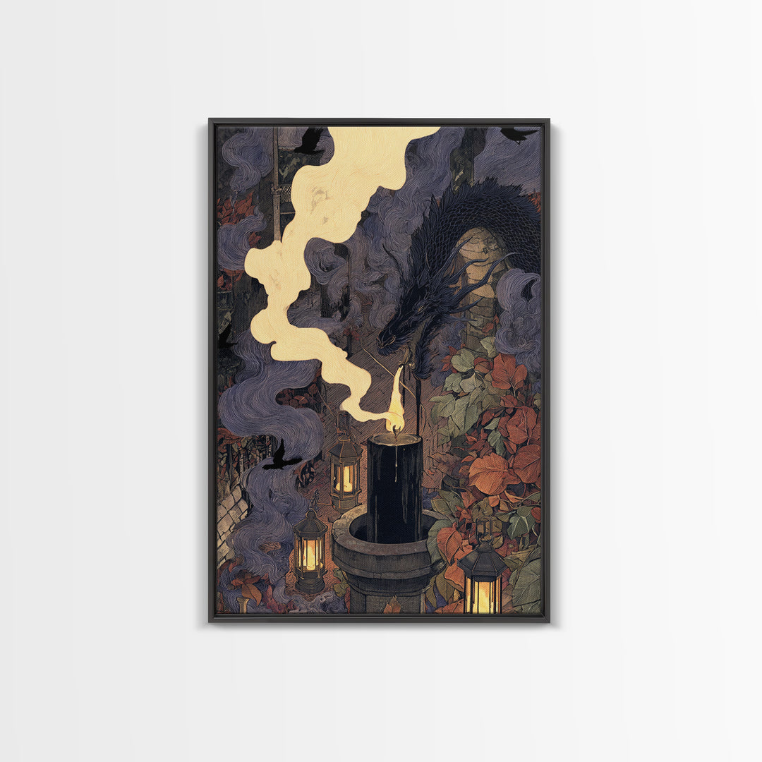 The Candle Smoke Dragon - Procession Scene, Occult Wall Decor, Vertical Wall Art, Canvas Print, Halloween Home Decor, Gothic Wall Art