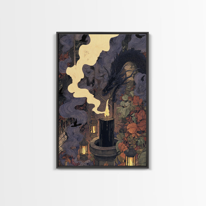 The Candle Smoke Dragon - Procession Scene, Occult Wall Decor, Vertical Wall Art, Canvas Print, Halloween Home Decor, Gothic Wall Art