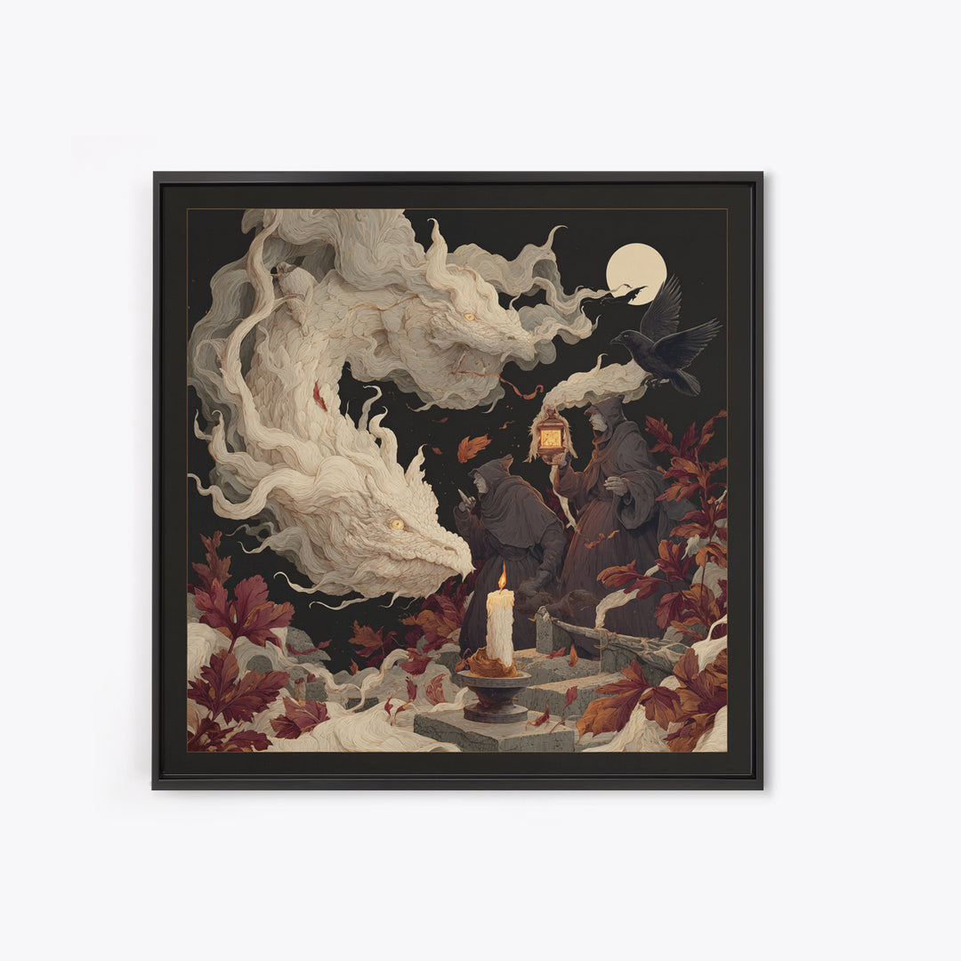 The Candle Smoke Dragon - Procession Scene, Spooky Wall Decor, Square Wall Art, Framed Canvas Print, Halloween Home Decor, Gothic Wall Art