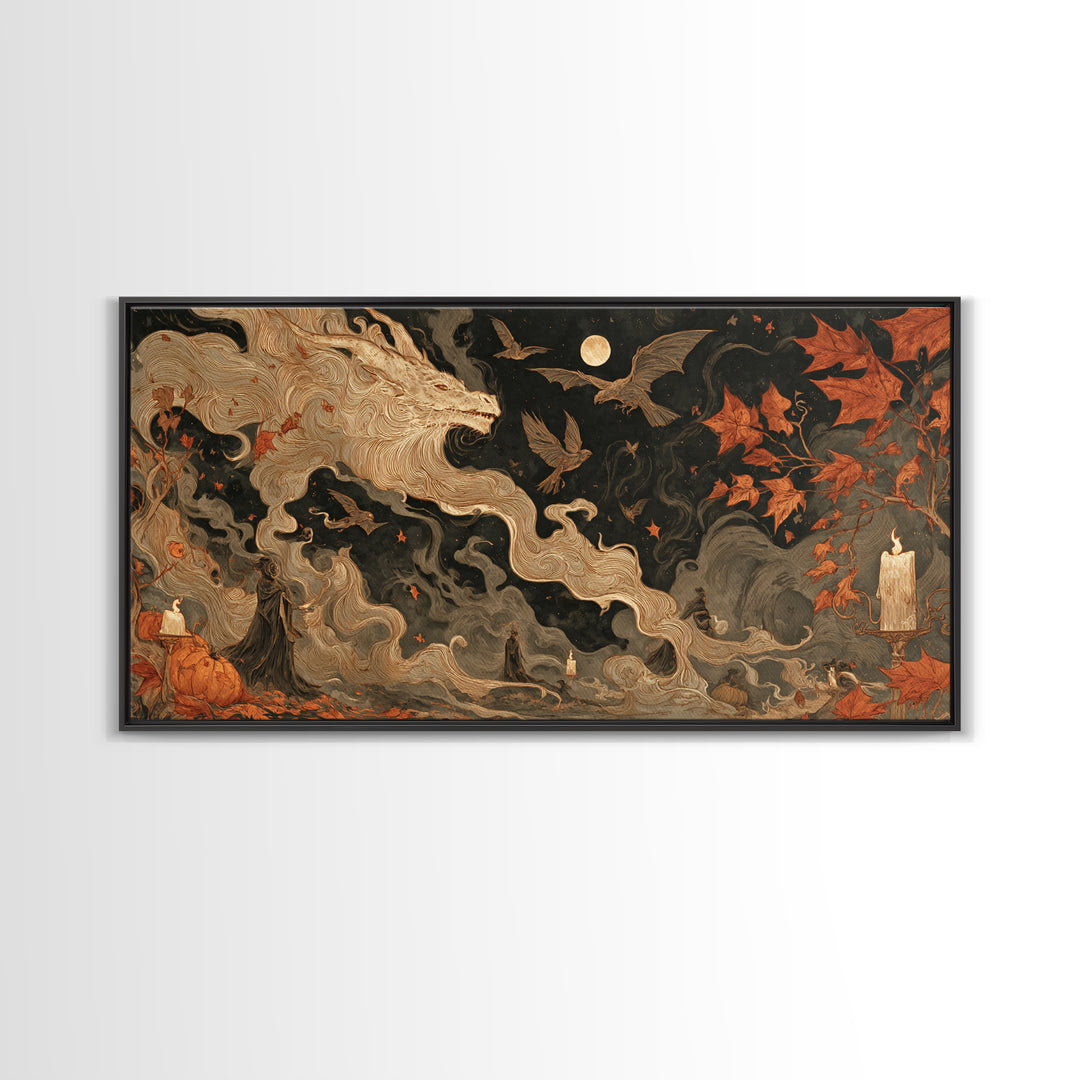 The Candle Smoke Dragon - Procession Scene, Dark Fantasy Wall Art, Wide Panoramic Art, Canvas Print, Halloween Home Decor, Gothic Wall Art