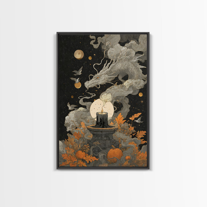 The Candle Smoke Dragon - Surreal Celestial Vision, Dark Fantasy Wall Art, Vertical Wall Art, Canvas Print, Halloween Home Decor