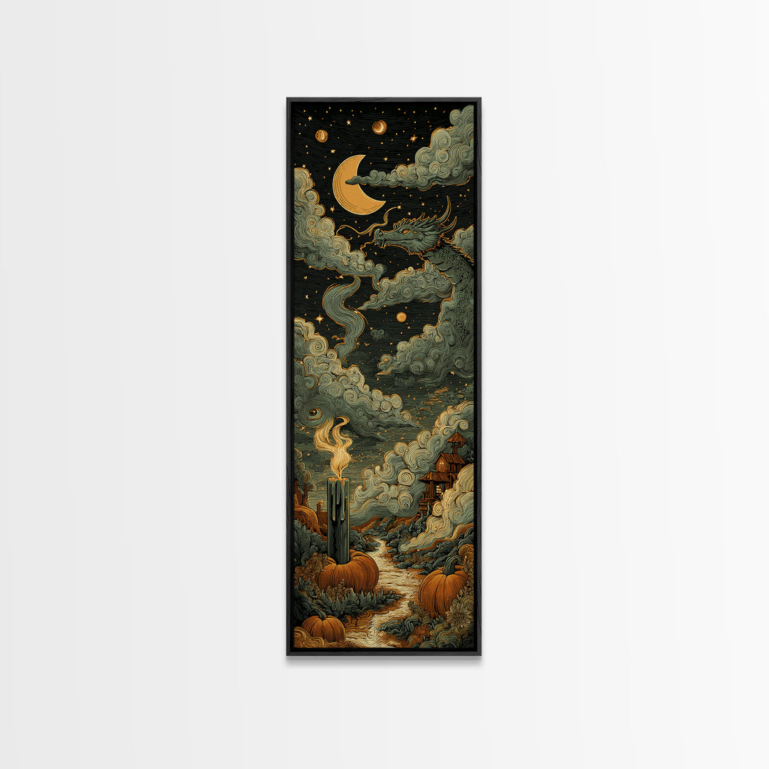 The Candle Smoke Dragon - Surreal Celestial Vision, Halloween Wall Art, Tall Narrow Wall Art, Framed Canvas Print, Halloween Home Decor