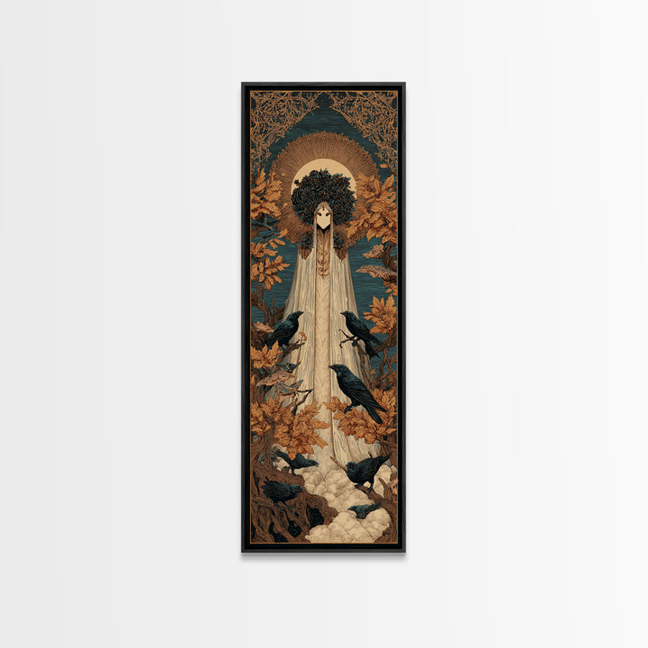 The Mourning Moth Halo - Icon Portrait, Macabre Halloween Art, Tall Narrow Wall Art, Framed Canvas Print, Halloween Home Decor