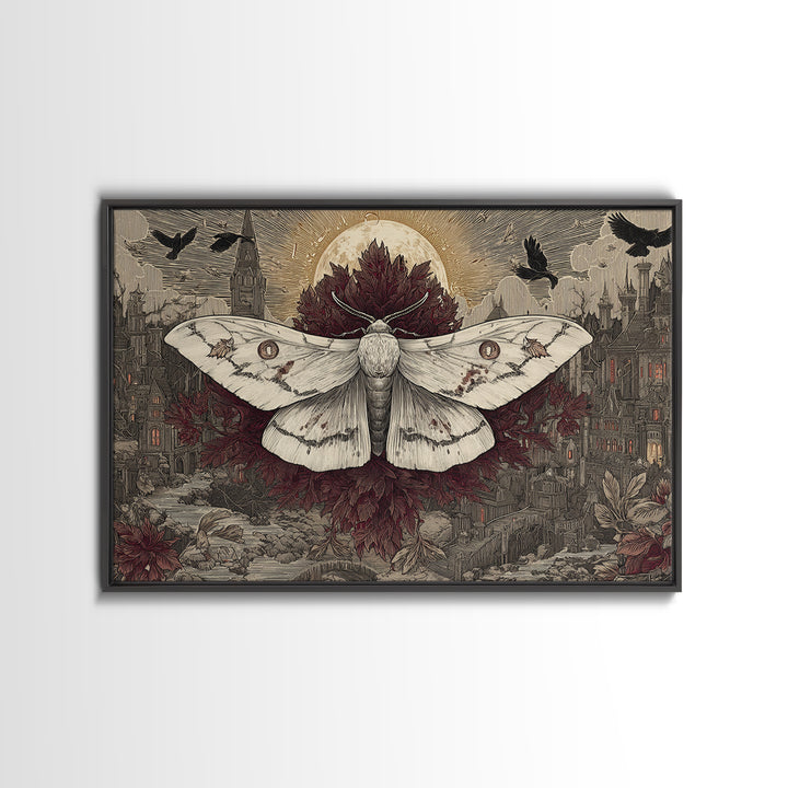 The Mourning Moth Halo - Environmental Panorama, Macabre Halloween Art, Landscape Wall Art, Framed Canvas Print, Halloween Home Decor