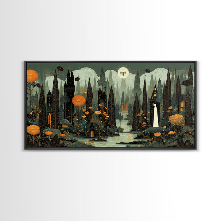 The Mourning Moth Halo - Environmental Panorama, Dark Fantasy Wall Art, Wide Panoramic Art, Canvas Print, Halloween Home Decor