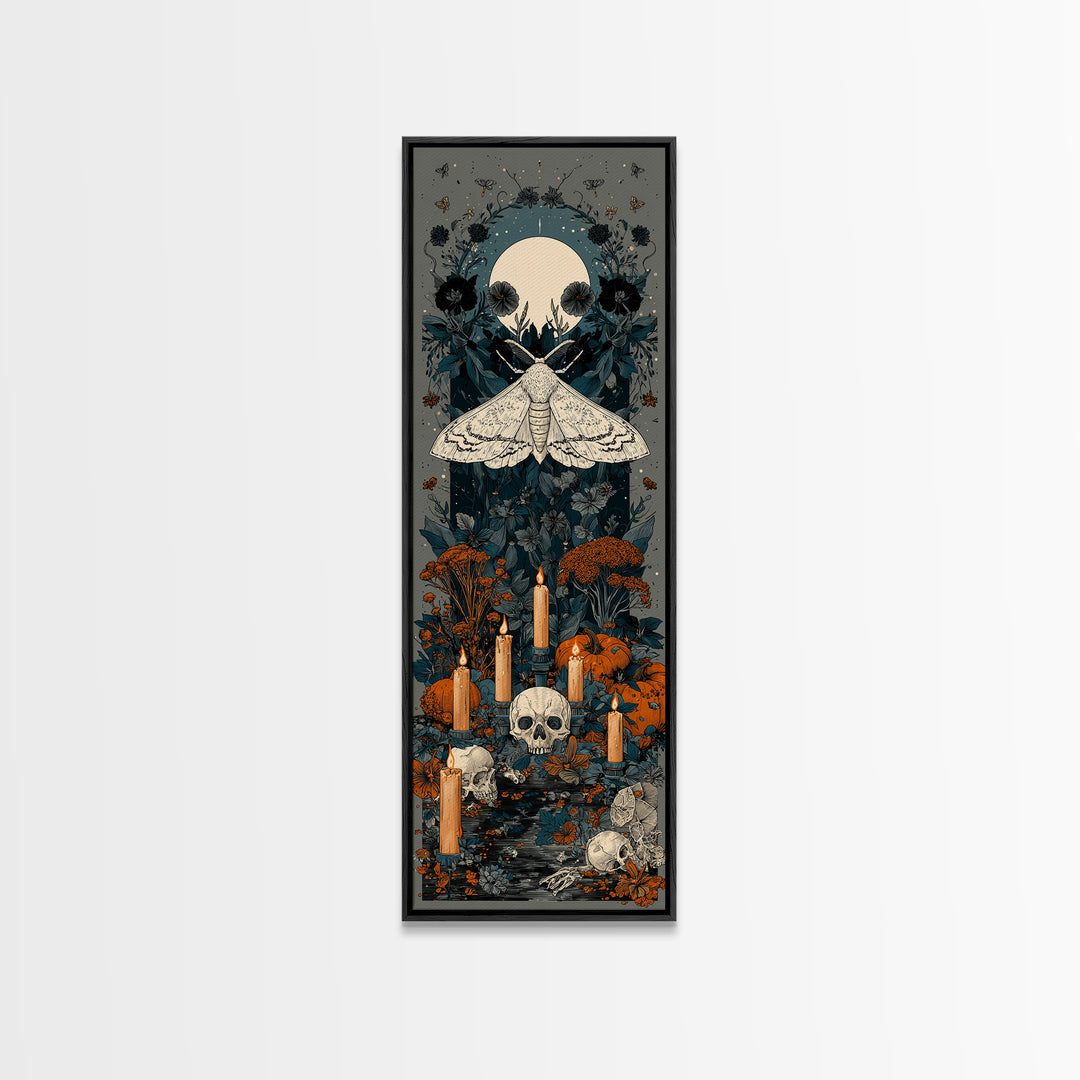 The Mourning Moth Halo - Occult Still Life, Macabre Halloween Art, Tall Narrow Wall Art, Framed Canvas Print, Halloween Home Decor