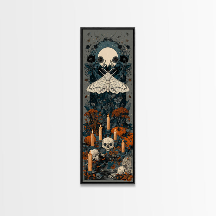 The Mourning Moth Halo - Occult Still Life, Macabre Halloween Art, Tall Narrow Wall Art, Framed Canvas Print, Halloween Home Decor