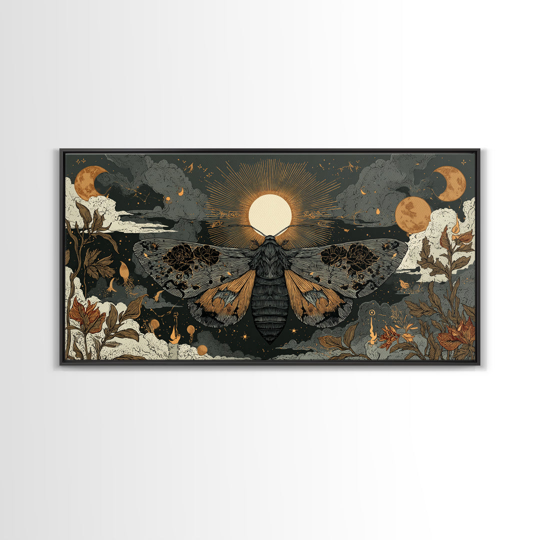 The Mourning Moth Halo - Surreal Celestial Vision, Macabre Halloween Art, Wide Panoramic Art, Framed Canvas Print, Halloween Home Decor
