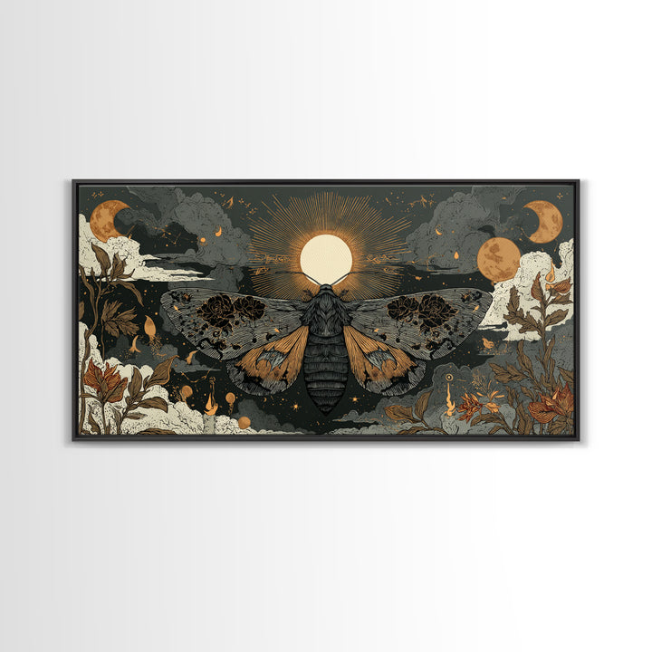 The Mourning Moth Halo - Surreal Celestial Vision, Macabre Halloween Art, Wide Panoramic Art, Framed Canvas Print, Halloween Home Decor