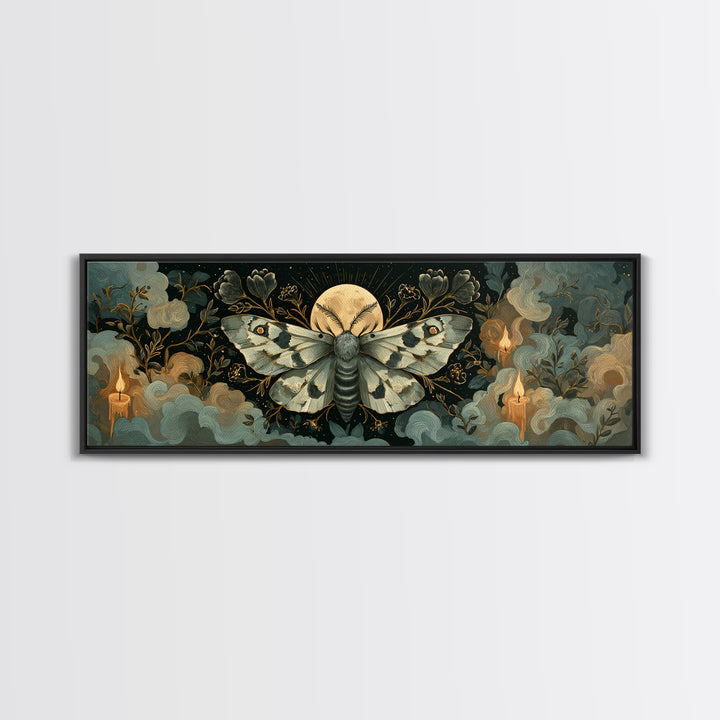 The Mourning Moth Halo - Surreal Celestial Vision, Gothic Home Decor, Extra Wide Wall Art, Canvas Print, Halloween Home Decor