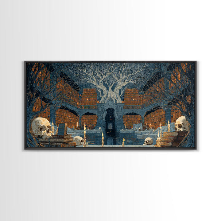 The Catacomb Library - Icon Portrait, Spooky Wall Decor, Wide Panoramic Art, Framed Canvas Print, Halloween Home Decor, Gothic Wall Art