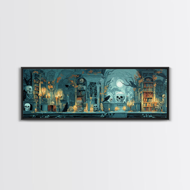 The Catacomb Library - Icon Portrait, Spooky Wall Decor, Extra Wide Wall Art, Framed Canvas Print, Halloween Home Decor, Gothic Wall Art