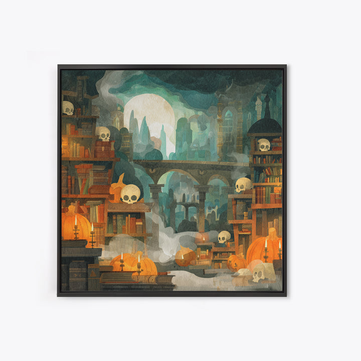 The Catacomb Library - Environmental Panorama, Macabre Halloween Art, Square Wall Art, Framed Canvas Print, Halloween Home Decor