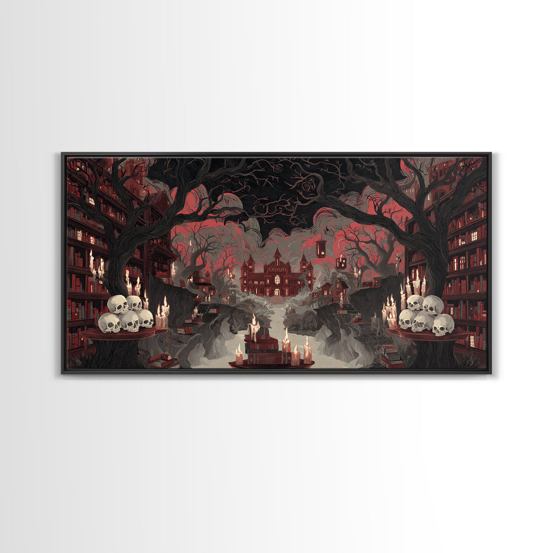 The Catacomb Library - Environmental Panorama, Macabre Halloween Art, Wide Panoramic Art, Framed Canvas Print, Halloween Home Decor