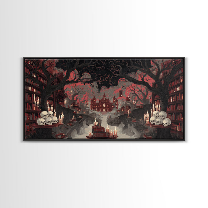 The Catacomb Library - Environmental Panorama, Macabre Halloween Art, Wide Panoramic Art, Framed Canvas Print, Halloween Home Decor
