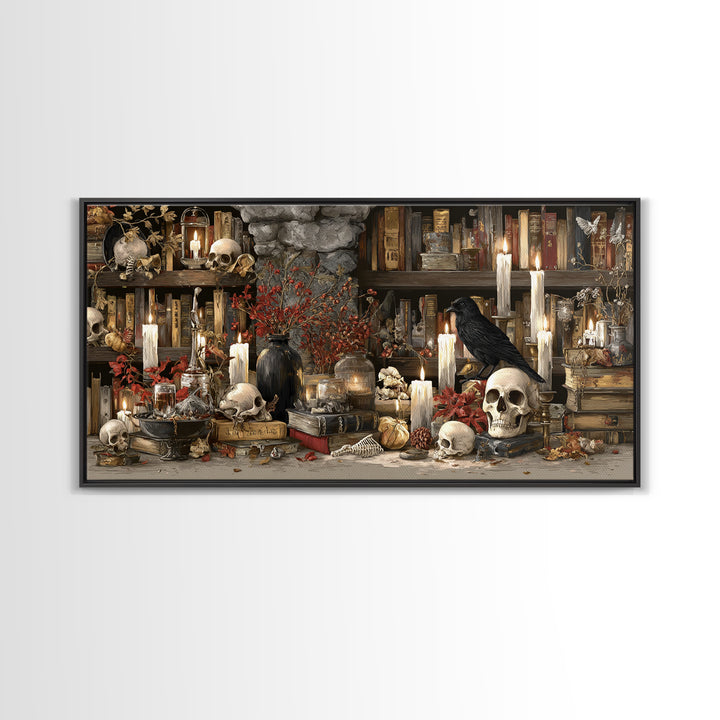 The Catacomb Library - Occult Still Life, Halloween Wall Art, Wide Panoramic Art, Framed Canvas Print, Halloween Home Decor, Gothic Wall Art