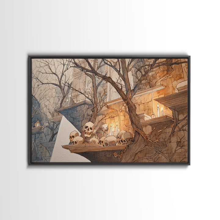 The Catacomb Library - Procession Scene, Spooky Wall Decor, Landscape Wall Art, Framed Canvas Print, Halloween Home Decor, Gothic Wall Art