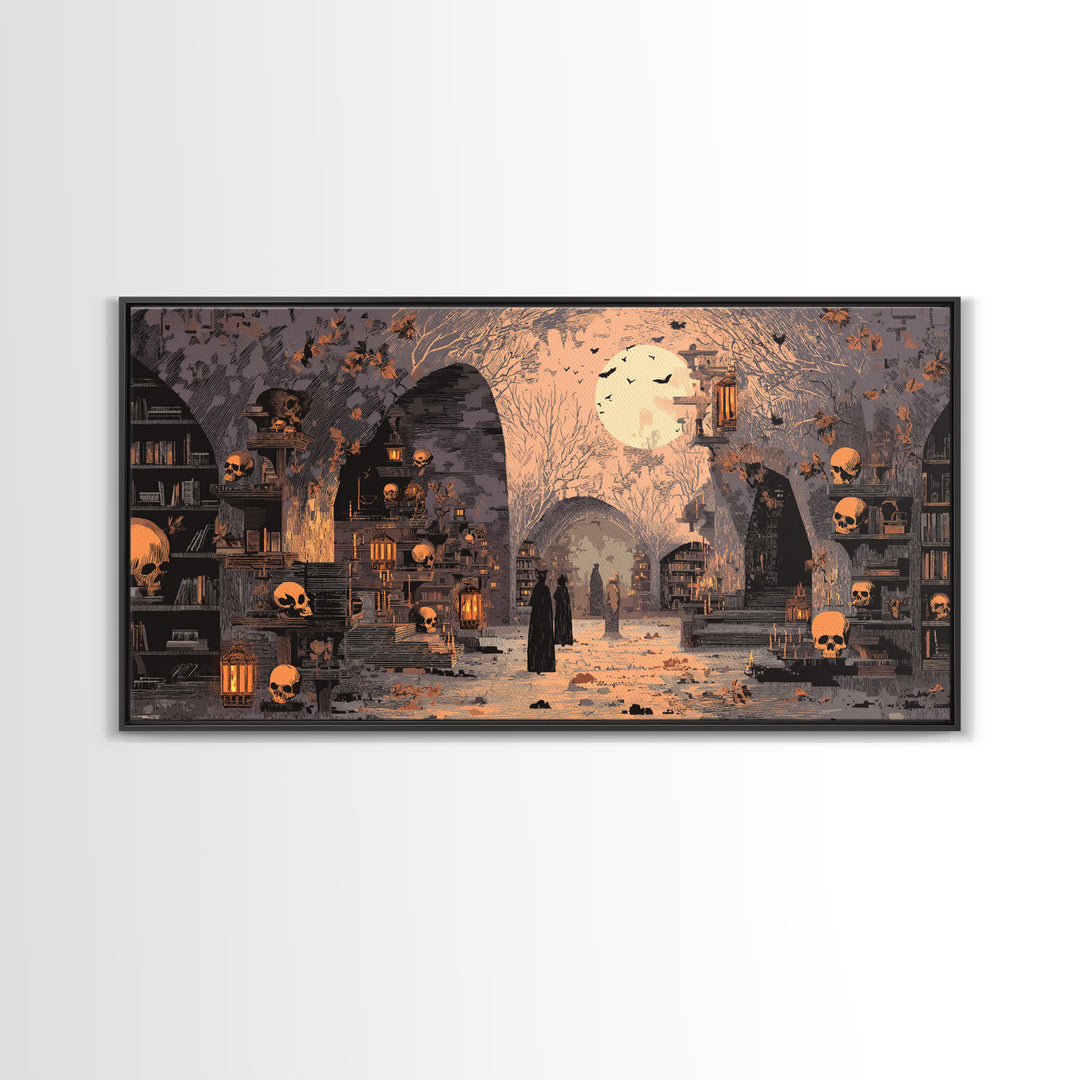 The Catacomb Library - Procession Scene, Occult Wall Decor, Wide Panoramic Art, Canvas Print, Halloween Home Decor, Gothic Wall Art