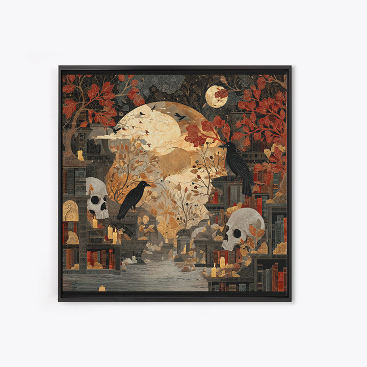 The Catacomb Library - Surreal Celestial Vision, Macabre Halloween Art, Square Wall Art, Framed Canvas Print, Halloween Home Decor