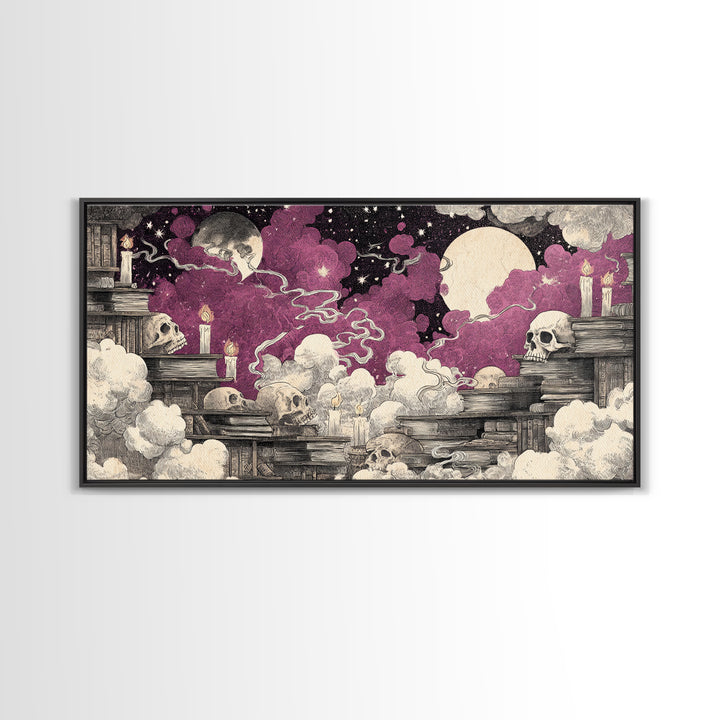 The Catacomb Library - Surreal Celestial Vision, Halloween Wall Art, Wide Panoramic Art, Framed Canvas Print, Halloween Home Decor