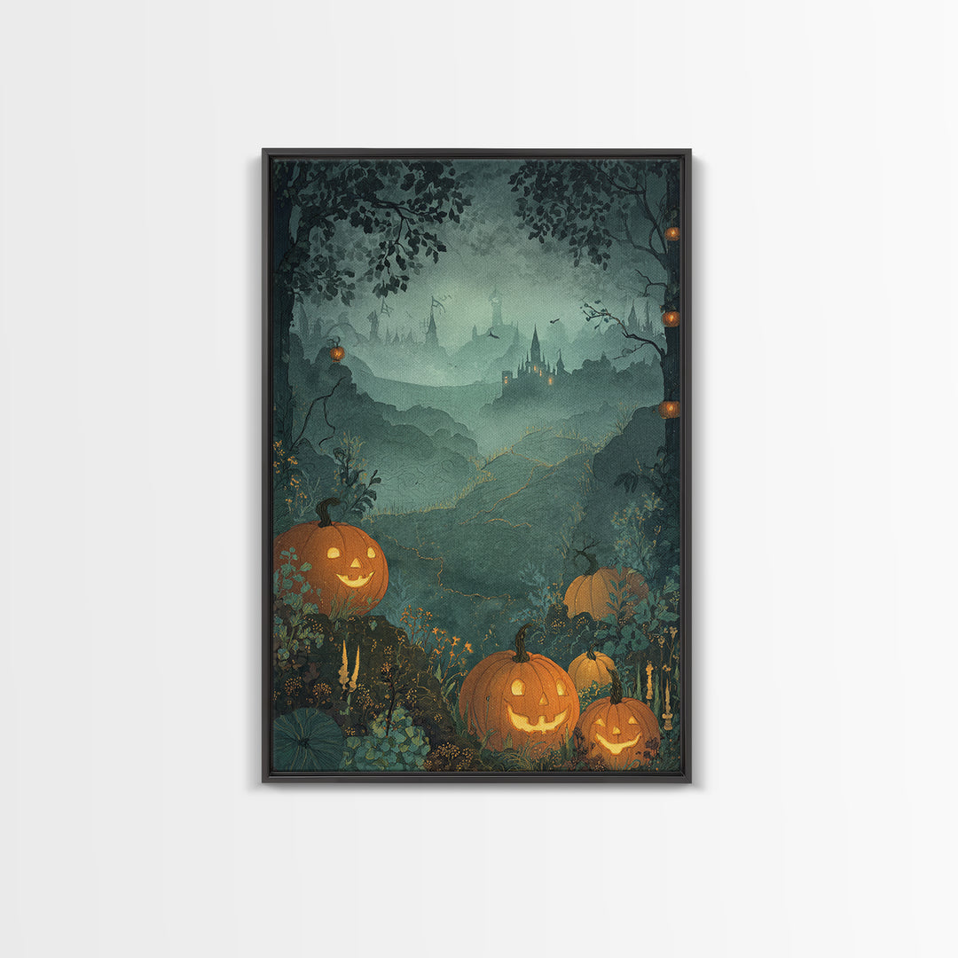 The Jack-O-Lantern Crown Jewels - Environmental Panorama, Spooky Wall Decor, Vertical Wall Art, Framed Canvas Print, Halloween Home Decor