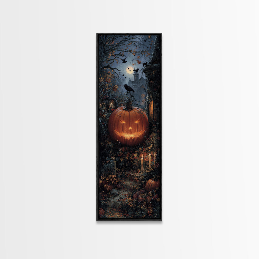 The Jack-O-Lantern Crown Jewels - Environmental Panorama, Macabre Halloween Art, Tall Narrow Wall Art, Framed Canvas Print, Gothic Wall Art