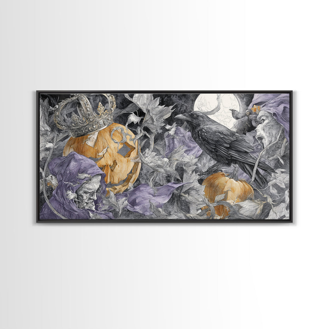 The Jack-O-Lantern Crown Jewels - Procession Scene, Spooky Wall Decor, Wide Panoramic Art, Framed Canvas Print, Halloween Home Decor
