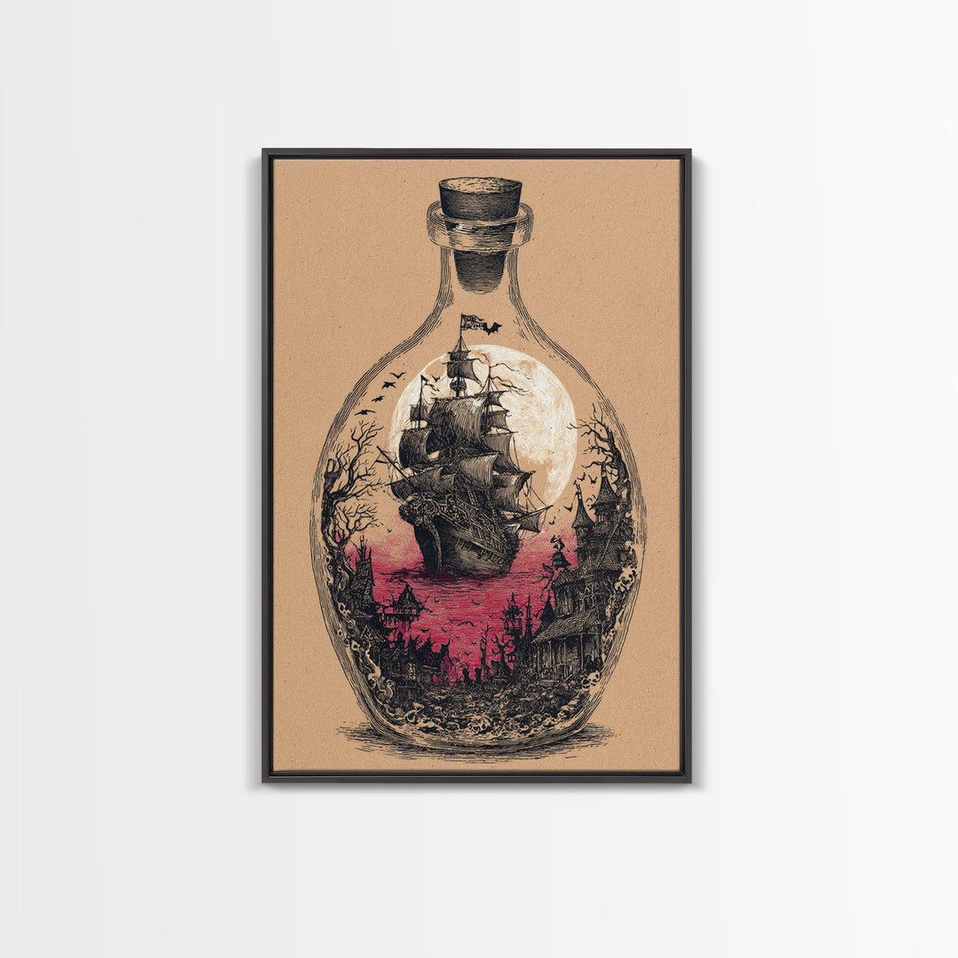 The Ghost Ship In A Bottle - Icon Portrait, Spooky Wall Decor, Vertical Wall Art, Framed Canvas Print, Halloween Home Decor, Gothic Wall Art