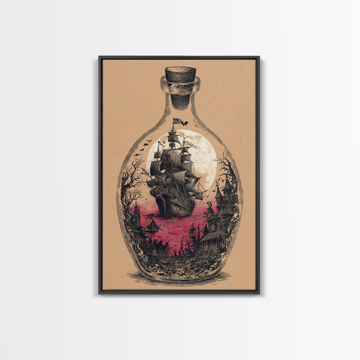 The Ghost Ship In A Bottle - Icon Portrait, Spooky Wall Decor, Vertical Wall Art, Framed Canvas Print, Halloween Home Decor, Gothic Wall Art