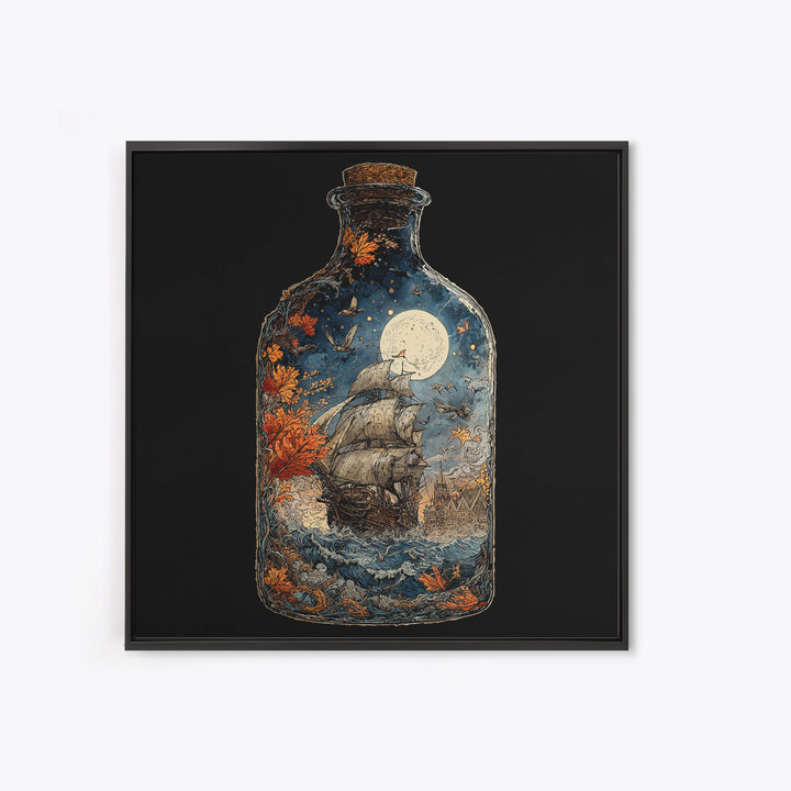 The Ghost Ship In A Bottle - Icon Portrait, Macabre Halloween Art, Square Wall Art, Framed Canvas Print, Halloween Home Decor