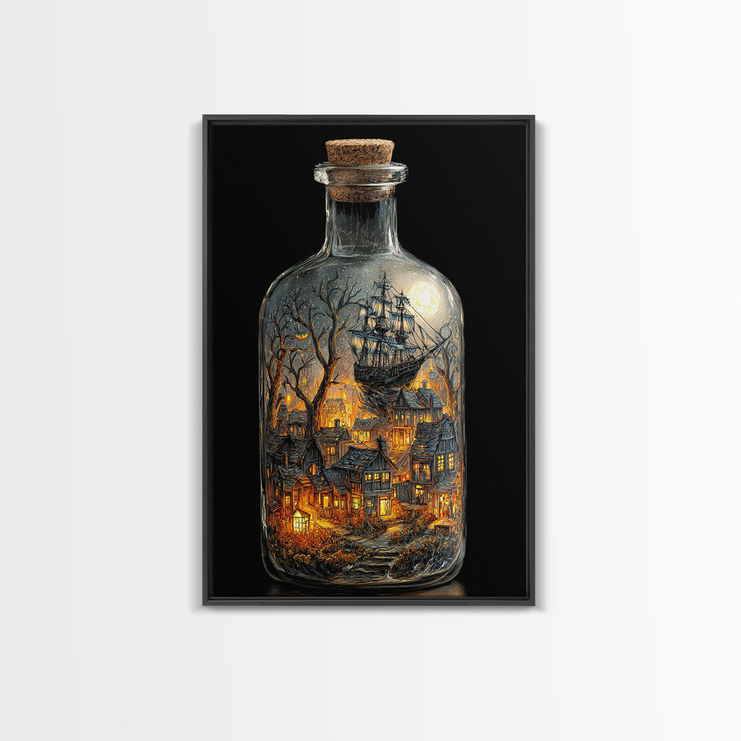 The Ghost Ship In A Bottle - Environmental Panorama, Macabre Halloween Art, Vertical Wall Art, Framed Canvas Print, Halloween Home Decor