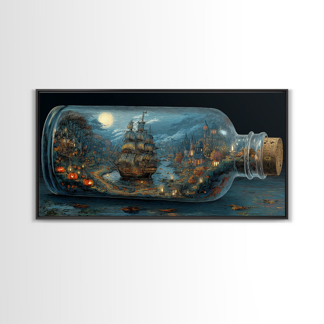 The Ghost Ship In A Bottle - Environmental Panorama, Gothic Home Decor, Wide Panoramic Art, Canvas Print, Halloween Home Decor