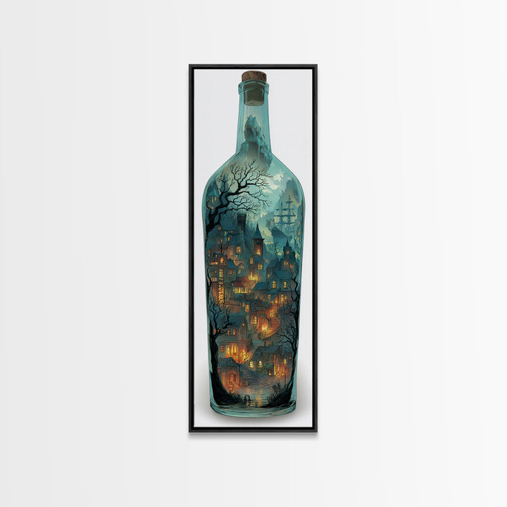 The Ghost Ship In A Bottle - Environmental Panorama, Spooky Wall Decor, Tall Narrow Wall Art, Framed Canvas Print, Halloween Home Decor