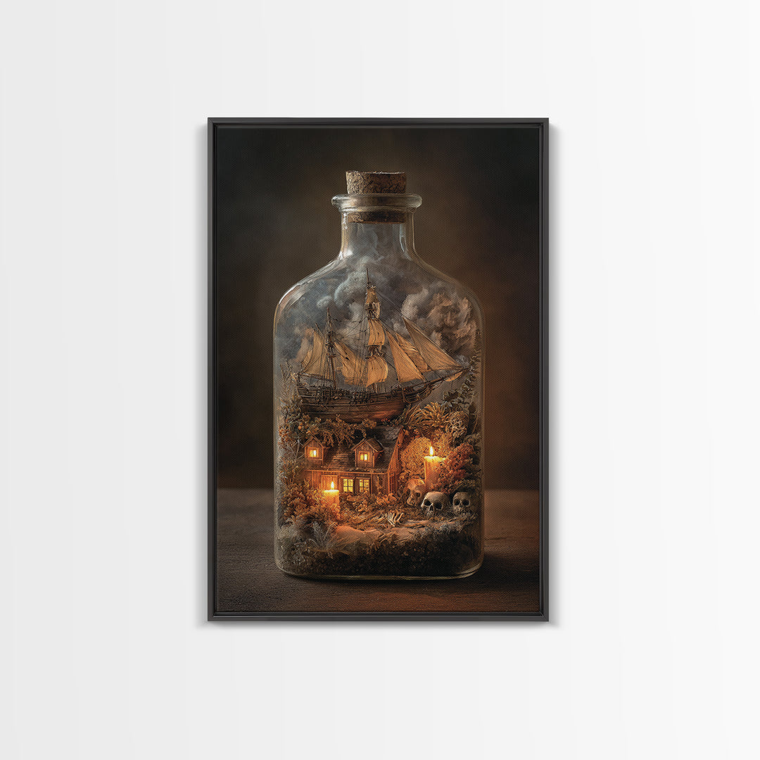 The Ghost Ship In A Bottle - Occult Still Life, Dark Fantasy Wall Art, Vertical Wall Art, Canvas Print, Halloween Home Decor