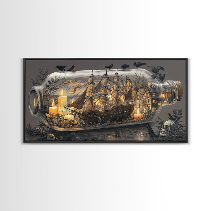 The Ghost Ship In A Bottle - Occult Still Life, Spooky Wall Decor, Wide Panoramic Art, Framed Canvas Print, Halloween Home Decor
