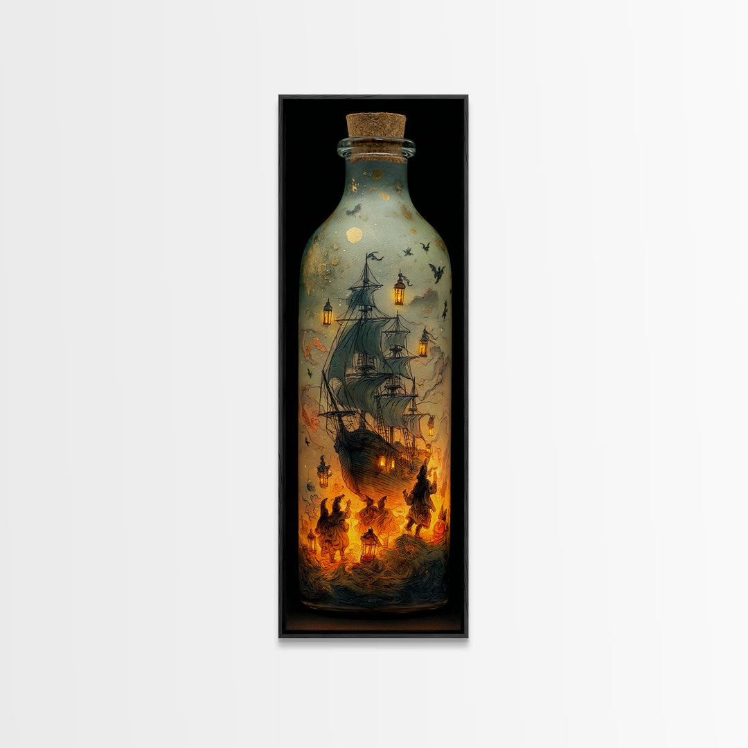 The Ghost Ship In A Bottle - Procession Scene, Gothic Home Decor, Tall Narrow Wall Art, Canvas Print, Halloween Home Decor, Gothic Wall Art
