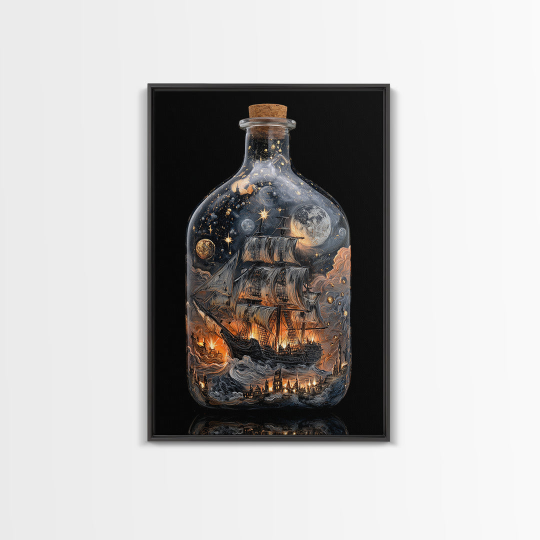 The Ghost Ship In A Bottle - Surreal Celestial Vision, Spooky Wall Decor, Vertical Wall Art, Framed Canvas Print, Halloween Home Decor