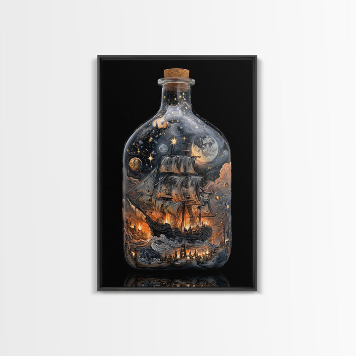 The Ghost Ship In A Bottle - Surreal Celestial Vision, Spooky Wall Decor, Vertical Wall Art, Framed Canvas Print, Halloween Home Decor