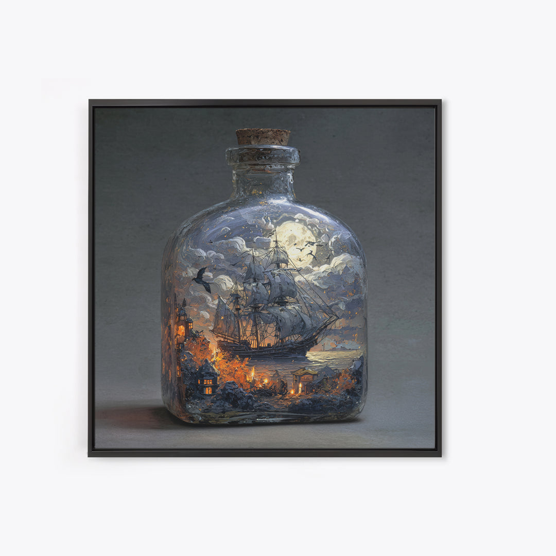 The Ghost Ship In A Bottle - Surreal Celestial Vision, Gothic Home Decor, Square Wall Art, Canvas Print, Halloween Home Decor