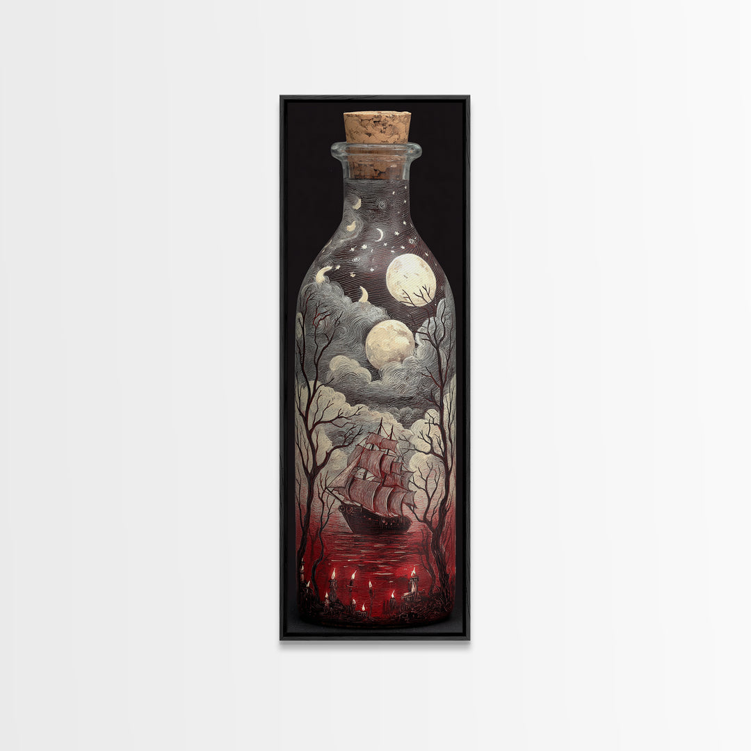 The Ghost Ship In A Bottle - Surreal Celestial Vision, Halloween Wall Art, Tall Narrow Wall Art, Framed Canvas Print, Halloween Home Decor